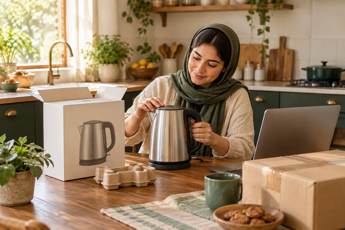 کتری بی‌نام و بسته ارسال لوازم خانگی برای خرید اینترنتی